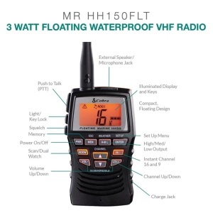 Statie VHF portabila Cobra Marine MR HH 150 FLTE 3W corp plutitor cu ecran LCD iluminat si etanseitate IPX7.