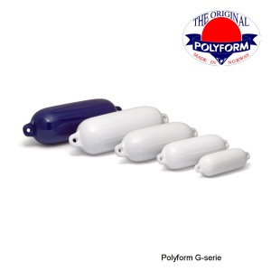 Gamă completă de baloane albe de protecție pentru acostare Polyform seria G (modele de la G1 la G6), fabricate în Norvegia dintr-o singură bucată de PVC marin prin rotoformare, prevăzute cu nervuri de rigidizare longitudinale și ochiuri duble întărite.
