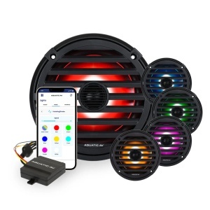 Pereche de boxe coaxiale marine Aquatic AV Elite EL424 de 6.5 inch – Difuzoare premium negre cu putere maximă de 240W la 4 Ohmi, sistem de iluminare LED RGB integrat pe con și etanșeitate certificată IP65.