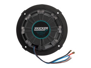 Sistem de boxe coaxiale marine low-profile Kicker KM614FL 6.5" – Pereche de difuzoare ultra-subțiri pentru ambarcațiuni, putere de vârf 130W la 4 Ohmi, iluminare LED RGB integrată și două seturi de grile incluse (albe și argintii).