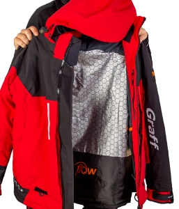Costum tehnic de iarnă flotabil Graff FLOAT GUARD Fishing Set 215-O-B-4 Edition 4.0, de culoare grafit cu finisaje portocalii de siguranță, echipat cu membrană BRATEX de 10.000mm, umplutură din spumă flotabilă FLOAT și fermoare etanșe YKK VISLON