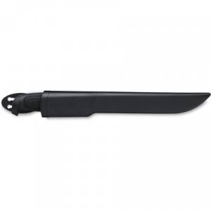Cuțit Marttiini Basic Filleting 19 cu lamă lucioasă și mâner negru, prezentat alături de teaca sa protectoare.