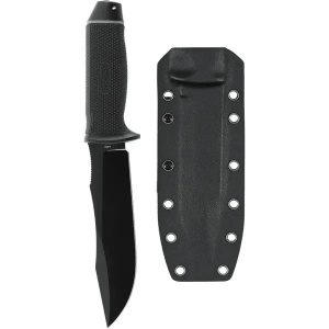 Vedere laterală a cuțitului Walther Bowie 150 cu finisaj negru mat, lângă teaca sa profesională din Kydex.
