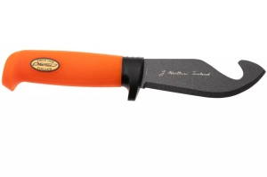 Cuțit Marttiini Martef pentru jupuit – Instrument polivalent cu lamă de 110mm, înveliș Martef anti-frecare, cârlig de jupuire și mâner portocaliu de înaltă vizibilitate