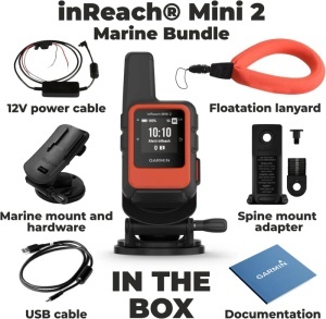 Garmin inReach Mini 2 Marine Bundle – dispozitiv compact de comunicare prin satelit Iridium®, cu SOS interactiv, mesagerie bidirecțională, TracBack®, busolă digitală și autonomie extinsă. Include suport marin și cablu alimentare pentru montaj permanent la