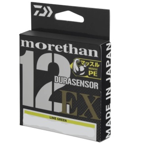 Fir textil Daiwa Morethan 12-Braid Lime Green 150m, împletit japonez cu 12 fibre, rezistență extremă și frecare redusă pentru lansări precise și control total.
