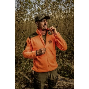 Jachetă polar vânătoare Mauser Silent Fleece Pure Blaze Orange de înaltă vizibilitate cu guler înalt.