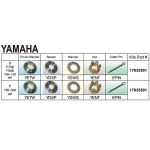 Kit complet prindere elice Yamaha 75-300CP – Set profesional format din șaibă de presiune, distanțier, piuliță și siguranță, optimizat pentru fixarea sigură pe axul sistemelor de mare putere fabricate între 1978 și 2026.