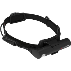 Vedere frontală a lanternei Ledlenser H8R Ediție 25 Ani cu banda de cap neagră și logo-ul aniversar vizibil
