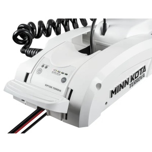 Motor electric alb premium de proovă Minn Kota Riptide Terrova® 55lb 12V cu lungimea axului de 137cm, echipat cu mecanism de asistență Lift-Assist, telecomandă wireless premium cu ecran LCD și sistem Advanced GPS, alimentat optim de o baterie Litiu LiFePO