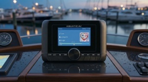 Unitate audio marină circulară Aquatic AV Santa Cruz CP7 – Player premium gauge-style, putere de vârf 280W pe 4 canale, conectivitate Bluetooth, control complet prin aplicație mobilă și certificare de etanșeitate IP65