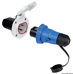Priză marină Osculati Cruiser 3P 16A/230V – Componentă albă din nailon PA6 pentru alimentare de la mal, cu protecție IP67 și contacte de înaltă eficiență.