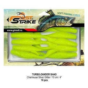 Shad de șalău Fast Strike Turbo Zander 10cm 10bucati blister rigid pentru pescuit la răpitori.