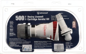 Kit Aerator Livewell Attwood Tsunami T-500 – Sistem complet de recirculare cu pompă T500, sită inox, cap spray reglabil și accesorii de montaj pentru bazinele de pește.