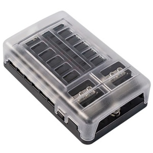 Bloc de sigurante cu capac, indicator LED si bus bar negativ EVAL 32V 100A, cu terminale din otel inox, disponibil in varianta cu 12  pozitii.