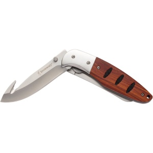 Briceag Browning Hunt 'N Gut Hardwood – Sistem cu 2 lame din oțel inox 8Cr, lamă de 89mm, mâner ergonomic din lemn maro finisat.