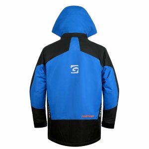 Costum de iarnă flotabil Graff FLOAT GUARD Fishing Set 215-O-B-15 Edition 3.0, de culoare grafit cu inserții reflectorizante și portocalii de siguranță, echipat cu membrană BRATEX, umplutură flotabilă Float Guard, manșete din neopren și fermoare YKK VISLO