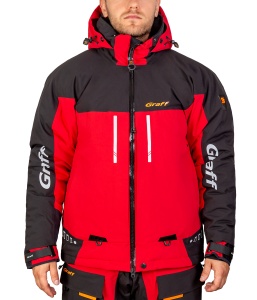 Costum tehnic de iarnă flotabil Graff FLOAT GUARD Fishing Set 215-O-B-4 Edition 4.0, de culoare grafit cu finisaje portocalii de siguranță, echipat cu membrană BRATEX de 10.000mm, umplutură din spumă flotabilă FLOAT și fermoare etanșe YKK VISLON