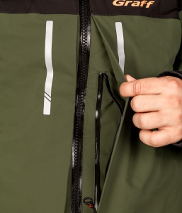 Costum tehnic de iarnă flotabil Graff FLOAT GUARD Fishing Set 215-O-B-7/1 Edition 4.0, în varianta de culori 7/1 cu inserții reflectorizante și design tactic, echipat cu membrană BRATEX de 10.000mm, spumă flotabilă FLOAT și fermoare etanșe YKK VISLON.