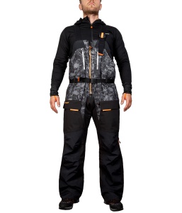 Costum tehnic de iarnă flotabil Graff FLOAT GUARD Fishing Set 215-O-B-8 Edition 4.0, în varianta de culori 8 cu inserții reflectorizante și design tactic, echipat cu membrană BRATEX de 10.000mm, spumă flotabilă FLOAT și fermoare etanșe YKK VISLON.
