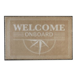 Covor de intrare dreptunghiular 75x50cm "Welcome On Board" de la Marine Business, fabricat din poliamidă rezistentă UV cu bază din cauciuc antiderapant, ideal pentru ambarcațiuni.