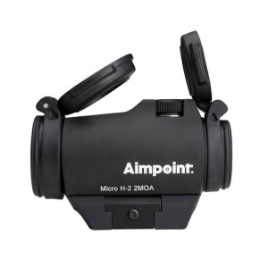 Aimpoint Micro H2 2 MOA cu montură Weaver/Picatinny montat pe carabină, red dot compact pentru vânătoare și tir sportiv.