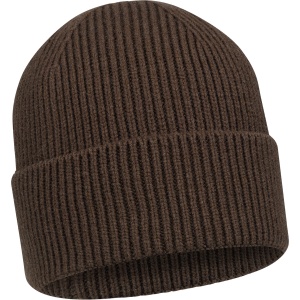 Fes tricotat din lână Blaser Tommy Rib Dark Brown cu manșetă lată și logo Argali metalic.