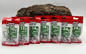 Jig VMC Bullet Jig Nickel nr. 4/0 cu cap hidrodinamic tip glonț și cârlig forjat din oțel Vanadium.