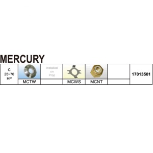 Kit montaj elice Mercury/Mariner 25-70CP – Ansamblu complet format din distanțier, siguranță și piuliță autoblocantă, pregătit pentru fixarea sigură pe axul modelelor fabricate între 1977 și 2026.