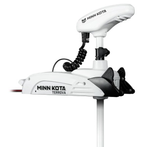 Motor electric alb premium de proovă Minn Kota Riptide Terrova® 55lb 12V cu lungimea axului extinsă la 152cm, echipat cu mecanism de asistență Lift-Assist, telecomandă wireless premium cu ecran LCD și sistem Advanced GPS, alimentat optim de o baterie Liti