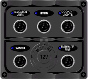 Panou electric 5 intrerupatoare + bricheta 12V Electron EVAL IP65, cu martori LED, sigurante fuzibile si 28 etichete pretiparite.