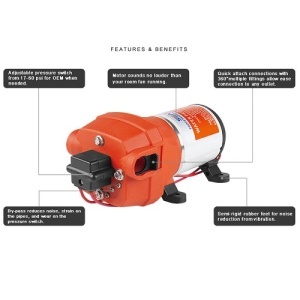 Pompă Apă Electrică Seaflo 12V 3.3GPM – Detaliu ansamblu cap pompă cu presostat și porturi de conectare rapidă, ideală pentru sisteme de presiune la bord.