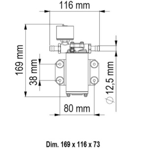 Pompă Profesională Marco UP2/E – Detaliu corp compact din alamă nichelată și sistem electronic de presiune, debit 10L/min pentru confortul la bord.
