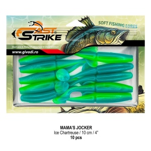Shad Fast Strike Mama's Jocker 10cm cu corp segmentat și silicon impregnat cu aromă.