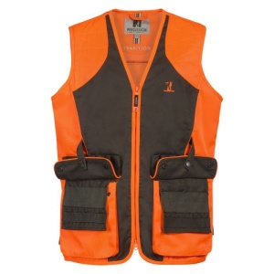 Vestă de vânătoare Treesco Tradition Haute Visibili Kaki-Orange, hidrofugă, cu cartușiere 16 posturi și buzunar posterior pentru vânat.