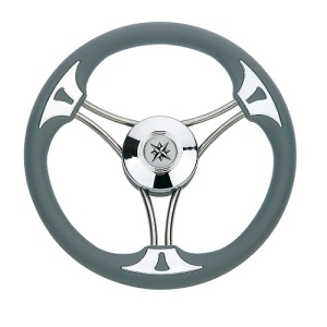 Volan barcă premium Savoretti Armando (350mm) – Design cu 3 spițe duble din oțel inoxidabil, prindere universală pe ax conic, disponibil în variantele alb, negru și gri.