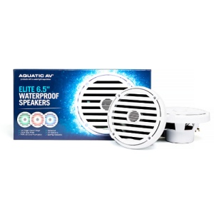Pereche de boxe coaxiale marine Aquatic AV Elite EL423 de 6.5 inch – Difuzoare premium albe cu putere maximă de 240W la 4 Ohmi, sistem de iluminare LED RGB integrat pe con și etanșeitate certificată IP65.