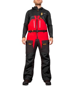 Costum tehnic de iarnă flotabil Graff FLOAT GUARD Fishing Set 215-O-B-4 Edition 4.0, de culoare grafit cu finisaje portocalii de siguranță, echipat cu membrană BRATEX de 10.000mm, umplutură din spumă flotabilă FLOAT și fermoare etanșe YKK VISLON