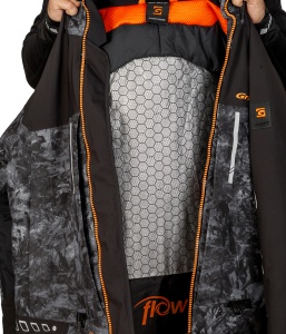 Costum tehnic de iarnă flotabil Graff FLOAT GUARD Fishing Set 215-O-B-8 Edition 4.0, în varianta de culori 8 cu inserții reflectorizante și design tactic, echipat cu membrană BRATEX de 10.000mm, spumă flotabilă FLOAT și fermoare etanșe YKK VISLON.