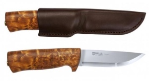 Cutit Helle Eggen cu lama inox triplu laminata de 101mm si maner din mesteacan cret, livrat cu teaca din piele naturala