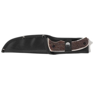 Cuțit Treesco Percussion pentru jupuit – Lamă de 10.5cm din oțel inox 420A, mâner ergonomic maro imitație corn și teacă de protecție.