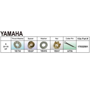 Kit complet prindere elice Yamaha 20-30CP – Vedere de ansamblu a componentelor necesare pentru fixarea pe axul cu 10 caneluri, compatibil cu modelele 2T și 4T fabricate între 1979 și 2026.