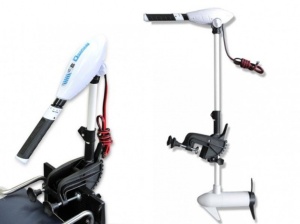 Motor electric Haswing Osapian 40 lbs – vedere laterală, manetă telescopică și montaj pe oglinda bărcii