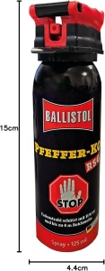 Spray profesional de autoapărare Ballistol Pepper Spray RSG 125 ml – Dispozitiv marin și terestru de protecție personală cu 11% OC, putere de 2.5 milioane SHU și jet dispersant umed cu rază de 4 metri.