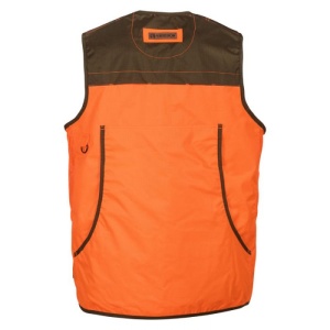 Vestă de vânătoare Treesco Savane Orange cu ventilație laterală și cartușiere 18 posturi, concepută pentru vizibilitate ridicată și confort în sezonul cald.