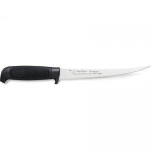 Cuțit Marttiini Basic Filleting 19 cu lamă lucioasă și mâner negru, prezentat alături de teaca sa protectoare.