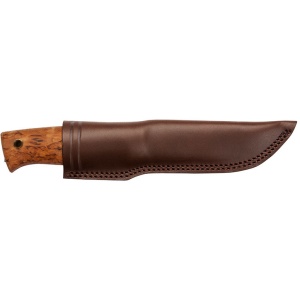 Cuțit Helle Temagami Classic – Instrument bushcraft premium cu lamă de 110mm din oțel triplu laminat, mâner din mesteacăn și teacă de piele decorată.