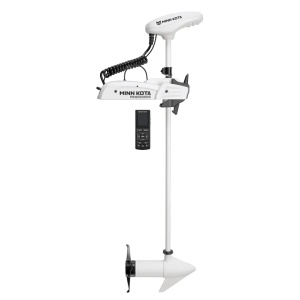 Motor electric alb de proovă Minn Kota Riptide PowerDrive™ 55lb 12V cu lungimea axului de 137cm, echipat cu telecomandă wireless premium cu ecran LCD și sistem Advanced GPS, alimentat optim de o baterie Litiu LiFePO4 Elker Solutions de 12V.