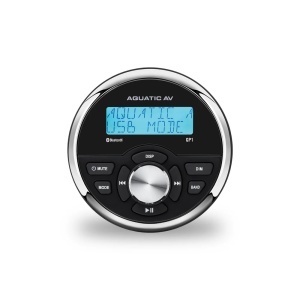 Player Marine Stereo Aquatic GP1 – Unitate audio compactă neagră cu Bluetooth și USB, certificare IP65 și afișaj LCD monocrom, ideală pentru montaj în bordul ambarcațiunilor.