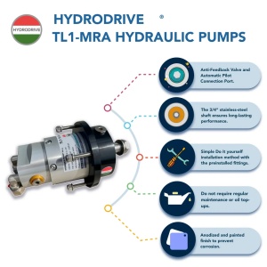 Pompă de guvernare hidraulică de înaltă presiune Hydrodrive TL1-16MRA (16cc) pentru motoare de până la 175 CP – Componentă marină originală cu supapă integrată No-Feedback, presiune de 80 bari, fitinguri și kit de umplere incluse.